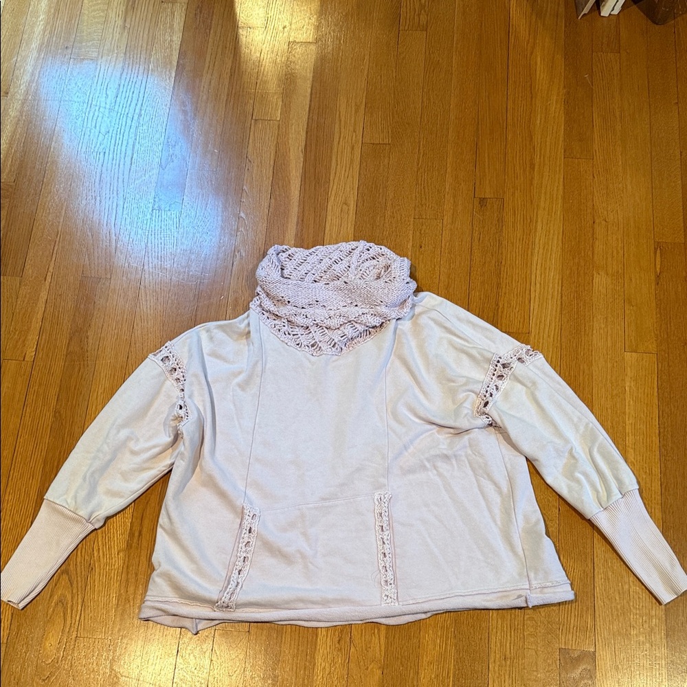 Free People Pale Pink Lace-Trim Cowl Neck Sweatshirt